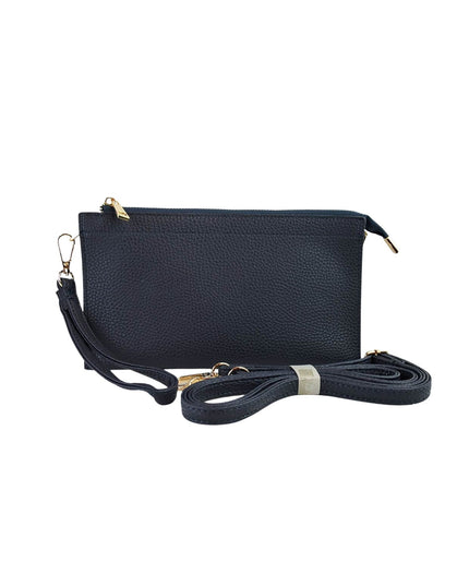 A navy blue pebbled leather clutch bag with a matching wristlet strap and a detachable long shoulder strap, shown on a plain white background.