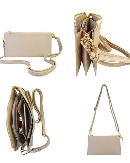 A beige crossbody wallet bag shown from multiple angles on a white background, including front, side, open interior, and hanging views. The bag has a slim rectangular body, long shoulder strap, gold-tone hardware, and visible card slots and interior compartments.