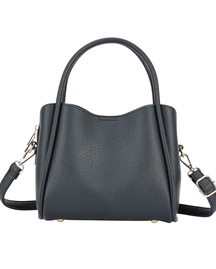 A black pebbled leather handbag with a top handle, a detachable shoulder strap, and gold-tone hardware, shown against a plain white background.