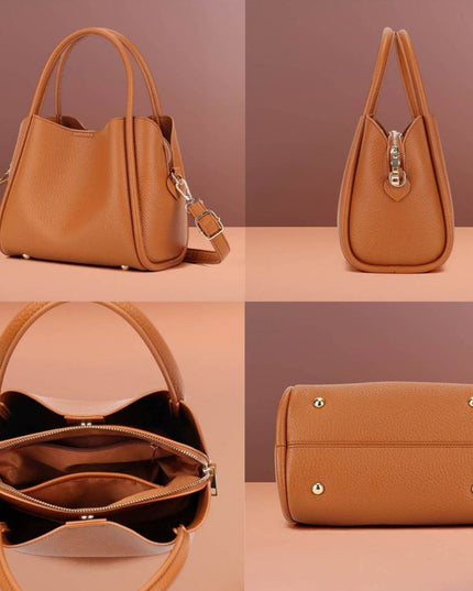 A tan pebbled leather handbag shown in a four-panel collage from multiple angles: front, side, open interior, and back. The bag has double top handles, a shoulder strap, silver-tone hardware, and a dark interior lining.