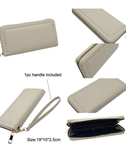 A collage showing multiple views of a light beige zip-around wallet with a wrist strap handle, including closed front, angled views, open interior, and size text reading 19*10*2.5cm.