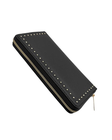 A black leather zip-around wallet with gold-tone studs and a gold zipper, shown on a plain white background.
