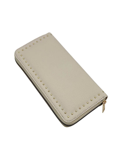 A light beige pebbled leather zip-around wallet with gold-tone metal studs along the edges and a gold zipper pull, shown on a plain white background.