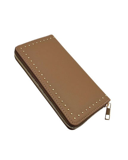 A brown leather zip-around wallet with decorative gold-tone studs along the edges, shown on a plain white background.