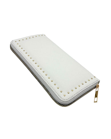 A white zip-around wallet with gold-tone studs along the edges and a gold zipper pull, shown on a plain white background.