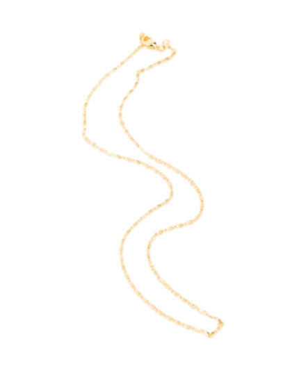 A delicate gold chain necklace with a small lobster clasp, shown in a wavy, draped shape against a solid white background.