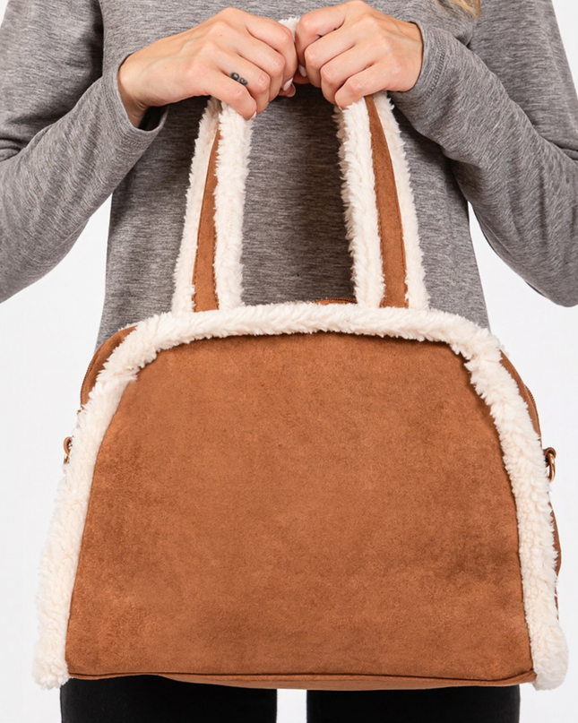 Fleece Trimmed Crossbody Tote Bag With Adjustable Strap