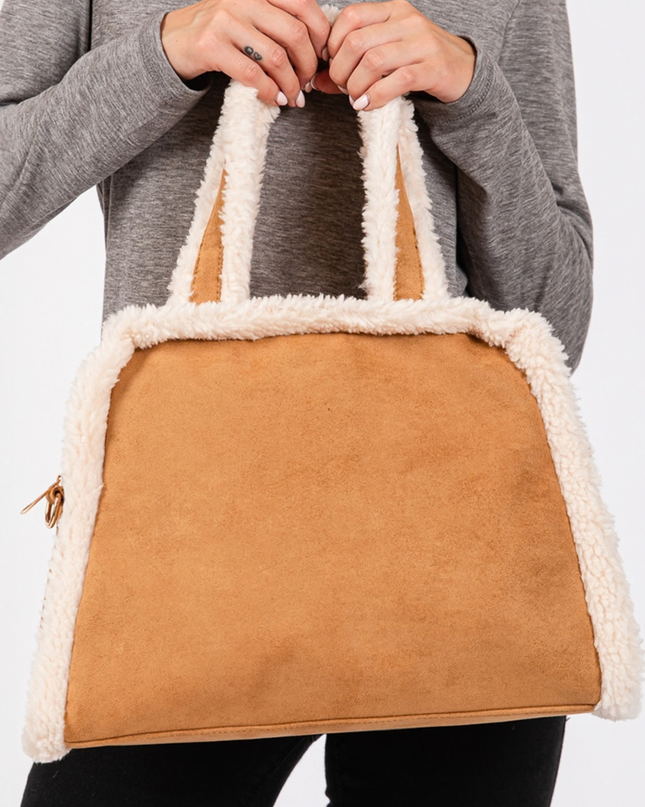 Fleece Trimmed Crossbody Tote Bag With Adjustable Strap Tan