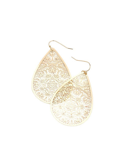 Gold teardrop-shaped earrings on a white background