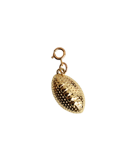 A gold-colored textured football charm with a lobster clasp, shown against a plain white background.