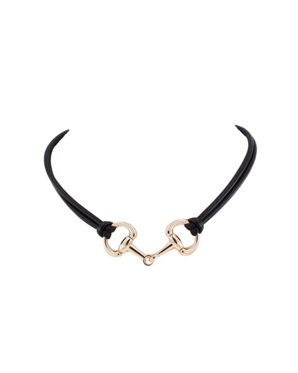 A black leather choker necklace featuring a gold-tone horsebit clasp at the center, displayed against a solid white background.