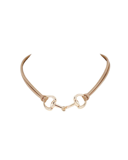 A delicate gold-tone horsebit necklace with a thin tan leather strap, displayed on a clean white background.