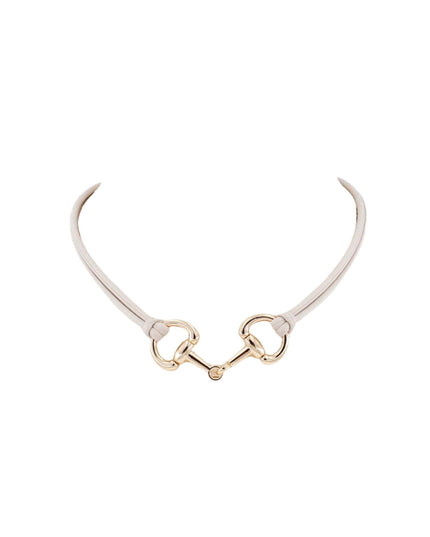 A delicate white leather choker necklace featuring a gold horsebit clasp at the center, presented on a solid white background.