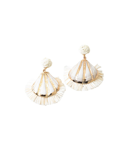 A pair of bohemian-style shell earrings featuring white seashell charms with gold metallic accents and frayed white tassel details, shown on a plain white background.