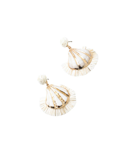 A pair of shell-shaped dangle earrings with cream-colored textured shells, gold-toned metal accents, and white fringe, shown on a plain white background.