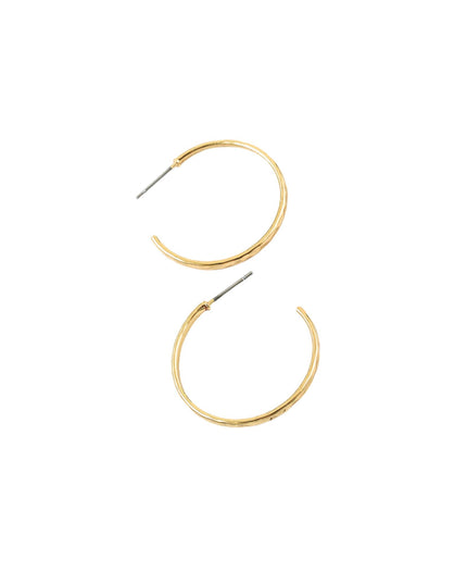 A pair of thin gold open hoop earrings with straight posts, displayed on a clean white background.