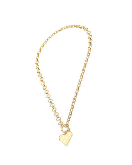 Gold necklace with a heart-shaped pendant on a white background