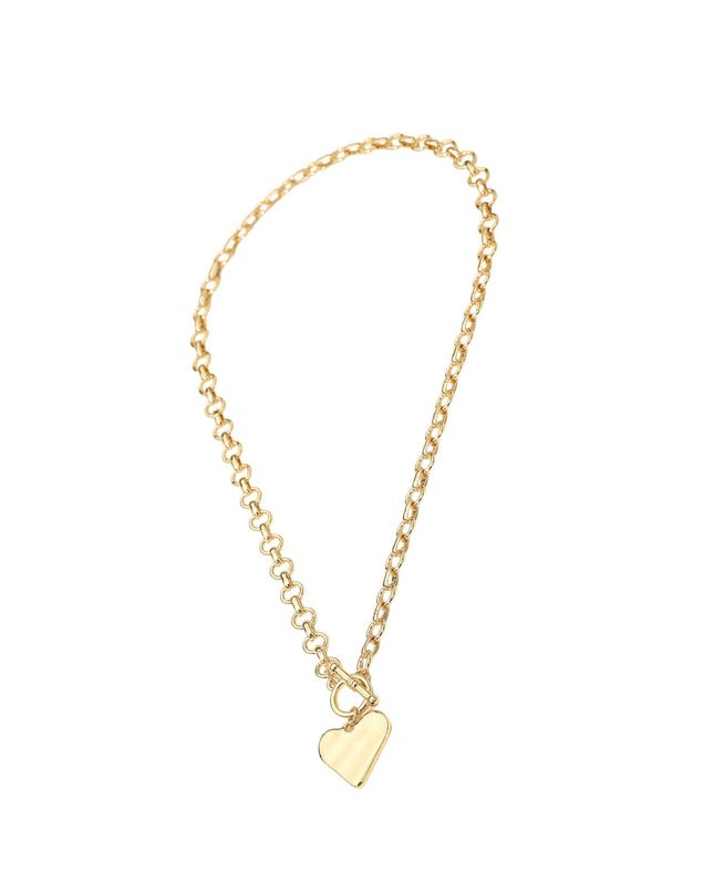 Gold necklace with a heart-shaped pendant on a white background