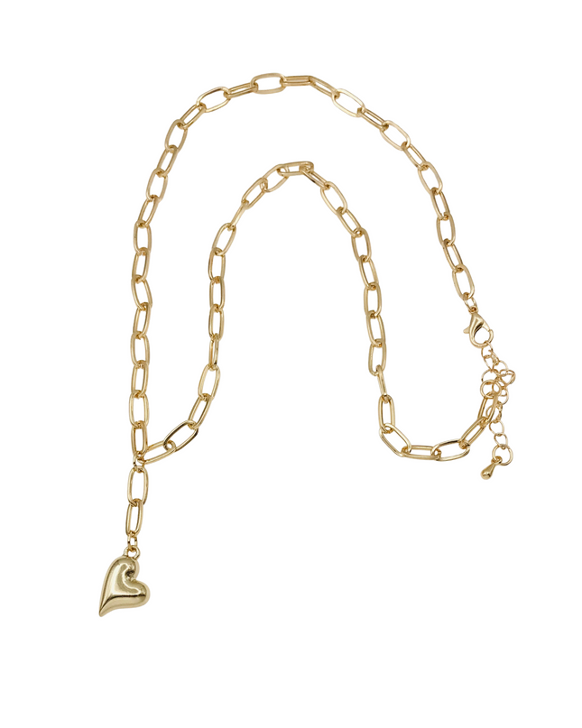 A gold paperclip chain necklace with a small polished gold heart pendant, displayed on a clean white background.