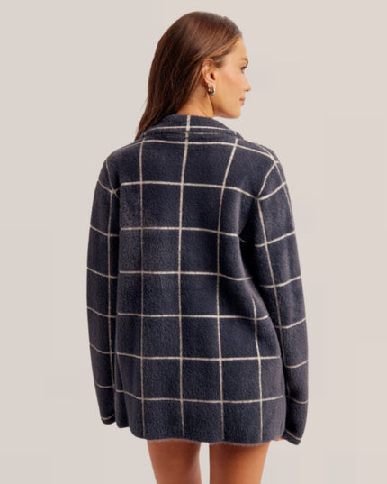 Checked Motif Sweater Knit Shacket Blue