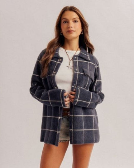 Checked Motif Sweater Knit Shacket Navy