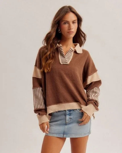 Collared V Neck Color Block Sweater Brown