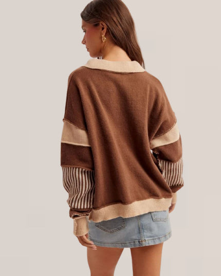 Collared V Neck Color Block Sweater Chocolate