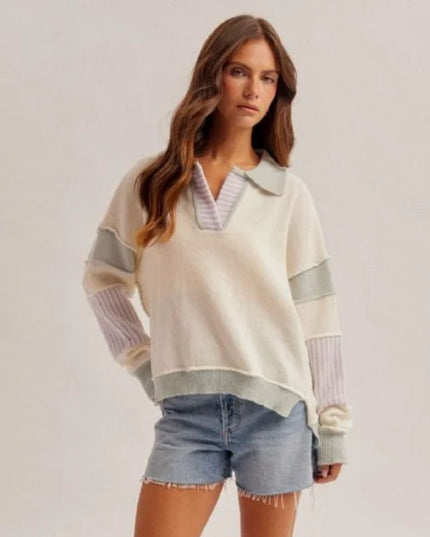 Collared V Neck Color Block Sweater Cream