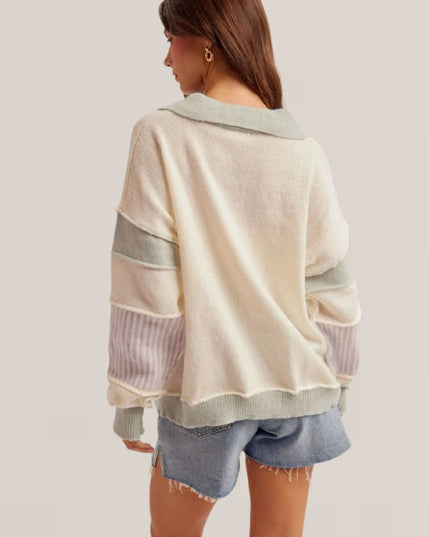 Collared V Neck Color Block Sweater Natural
