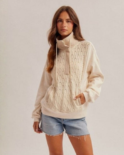 Crochet Front High Neck Quarter Zip Fleece Top