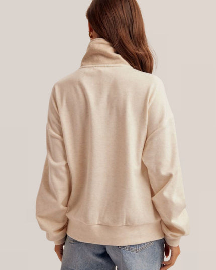 Crochet Front High Neck Quarter Zip Fleece Top Ivory