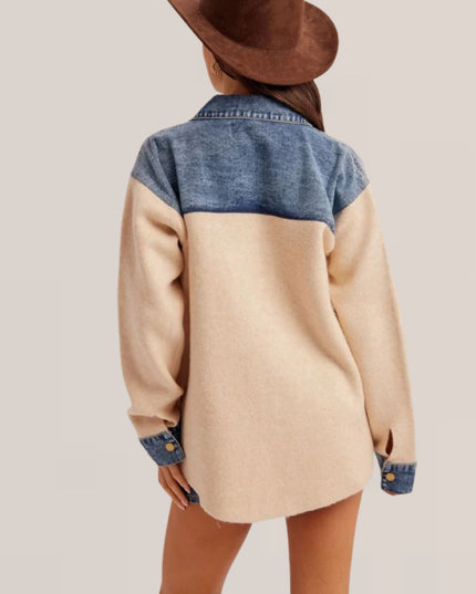 Denim Contrast Snap Button Down Sweater Shacket Ivory