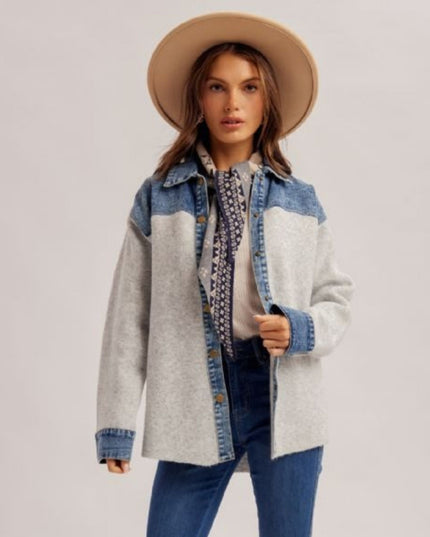Denim Contrast Snap Button Down Sweater Shacket Grey