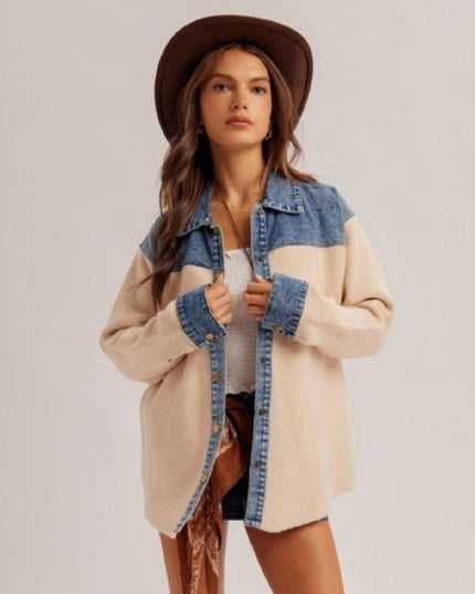 Denim Contrast Snap Button Down Sweater Shacket