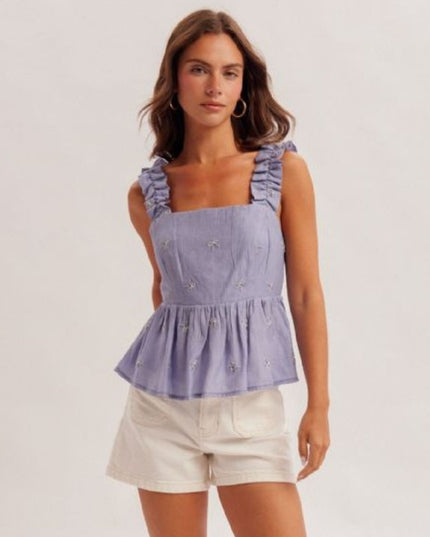 Embroidered Bows Square Neck Wide Shoulder Straps Top