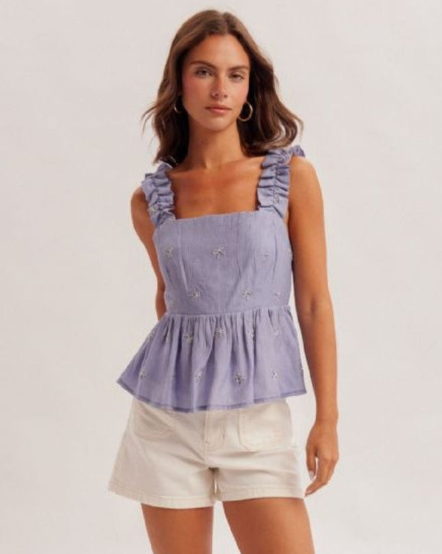 Embroidered Bows Square Neck Wide Shoulder Straps Top