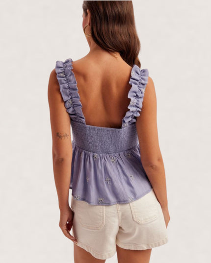 Embroidered Bows Square Neck Wide Shoulder Straps Top Blue
