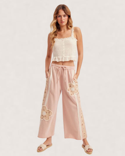 Flower Patch Wide Leg Elastic Tie Waist Pants