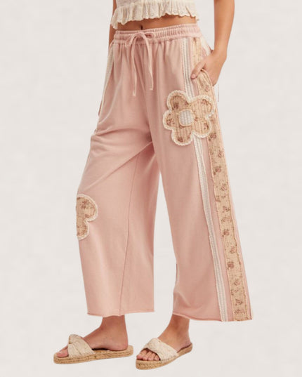 Flower Patch Wide Leg Elastic Tie Waist Pants Light Pink