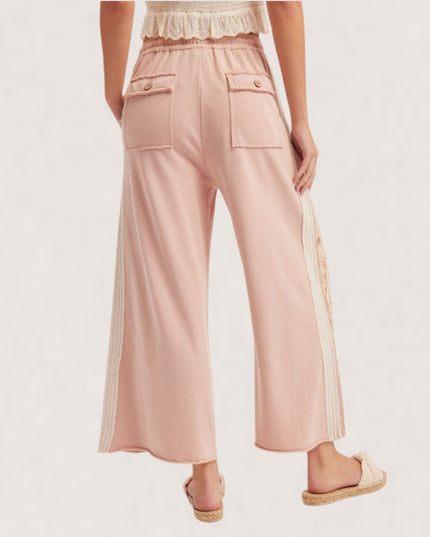 Flower Patch Wide Leg Elastic Tie Waist Pants Pale Pink