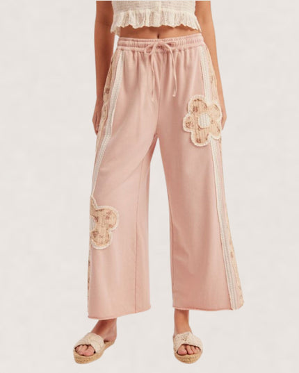 Flower Patch Wide Leg Elastic Tie Waist Pants Pink
