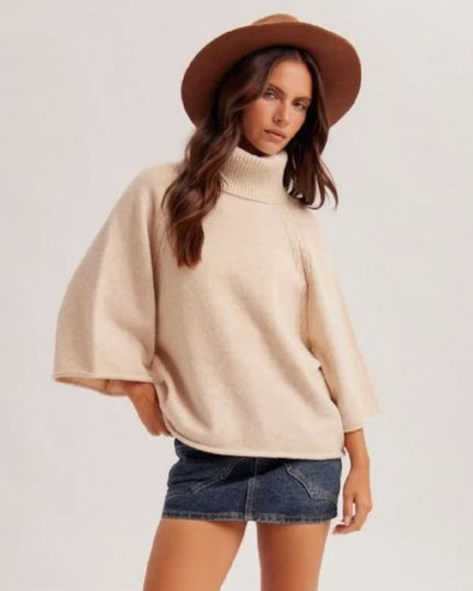 Mini Cable Detail Turtle Neck 3/4 Sleeve Sweater