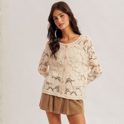 Open Crochet Button Down Cardigan Sweater
