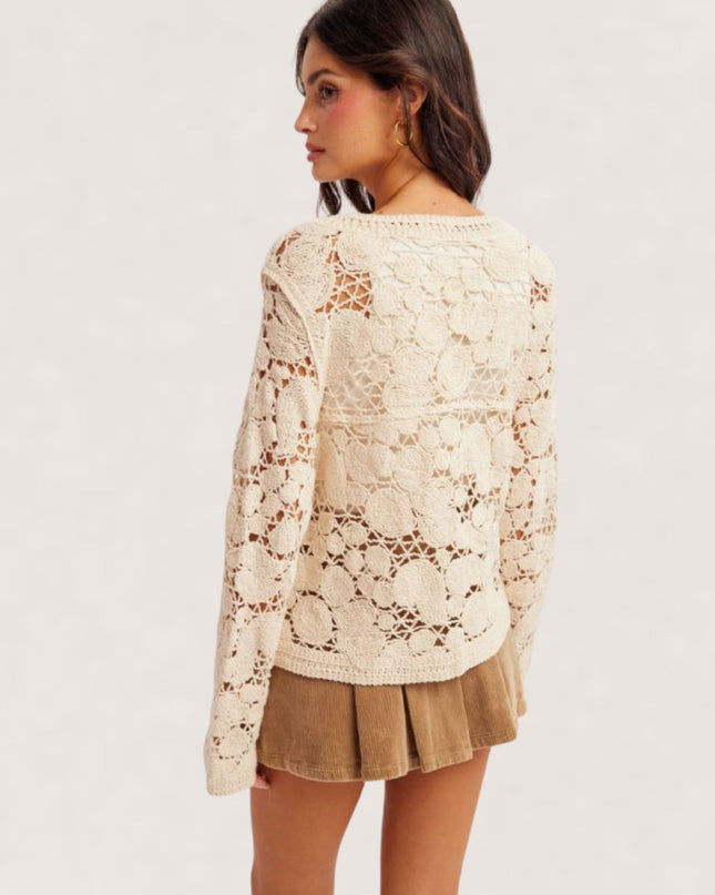 Open Crochet Button Down Cardigan Sweater Natural