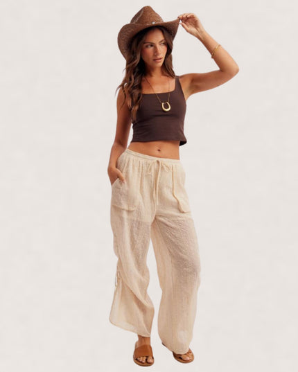 Patch Pocket Cinch Side Elastic Drawstring Waist Embroidered Pants