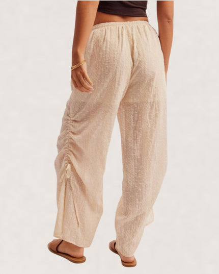 Patch Pocket Cinch Side Elastic Drawstring Waist Embroidered Pants Back