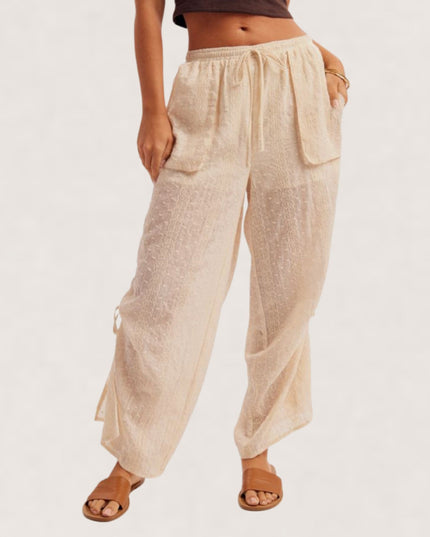Patch Pocket Cinch Side Elastic Drawstring Waist Embroidered Pants Ecru