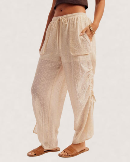 Patch Pocket Cinch Side Elastic Drawstring Waist Embroidered Pants Off White