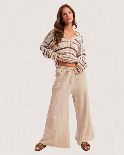 Ruffle Hem Wide Leg Elastic Tie Waist Pants 