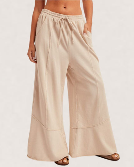 Ruffle Hem Wide Leg Elastic Tie Waist Pants Beige